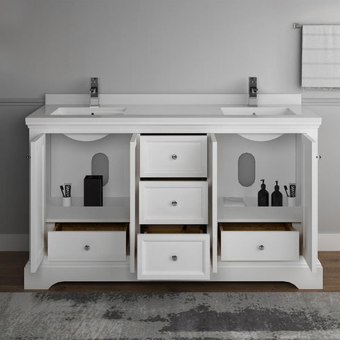 Image of Fresca Windsor 60" Matte White Traditional Double Sink Bathroom Cabinet FCB2460WHM-CWH-U
