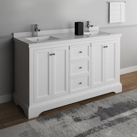 Image of Fresca Windsor 60" Matte White Traditional Double Sink Bathroom Cabinet FCB2460WHM-CWH-U