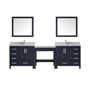 Jacques 102" Navy Blue Double Vanity w/ Make-up Table | White Carrara Marble Top | White Square Sink and 34" Mirror