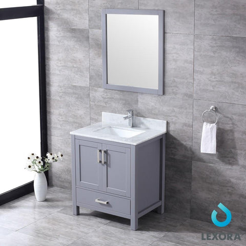 Image of Jacques 30" Dark Grey Single Vanity | White Carrara Marble Top | White Square Sink and 28" Mirror