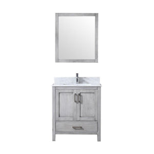 Jacques 30" Distressed Grey Single Vanity | White Carrara Marble Top | White Square Sink and 28" Mirror