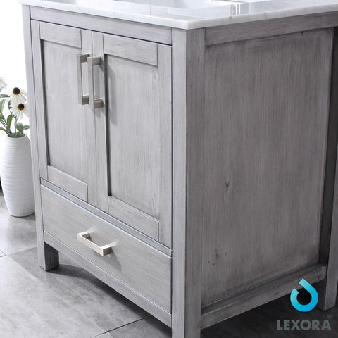 Image of Jacques 30" Distressed Grey Single Vanity | White Carrara Marble Top | White Square Sink and 28" Mirror