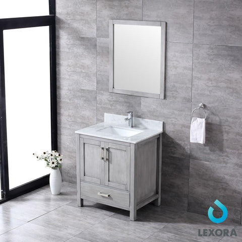 Image of Jacques 30" Distressed Grey Single Vanity | White Carrara Marble Top | White Square Sink and 28" Mirror