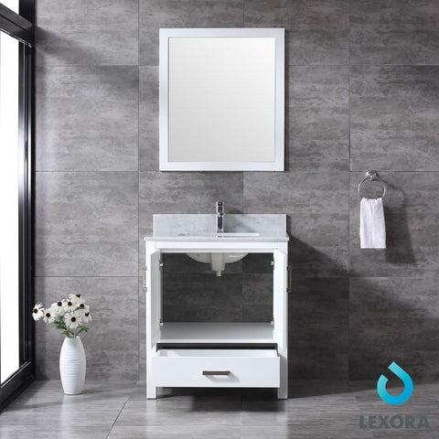 Image of Jacques 30" White Single Vanity | White Carrara Marble Top | White Square Sink and 28" Mirror