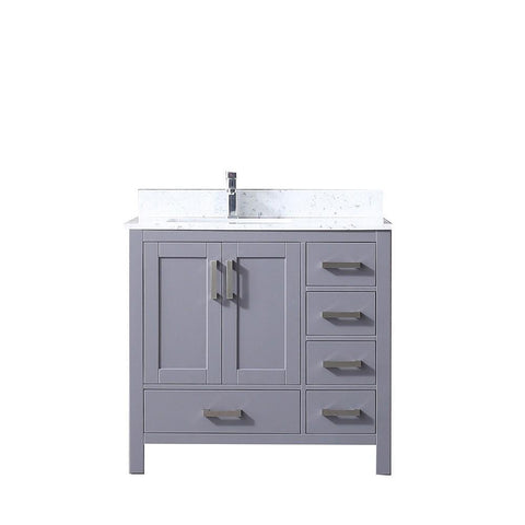 Jacques 36" Dark Grey Single Vanity | White Carrara Marble Top | White Square Sink and no Mirror - Left Version
