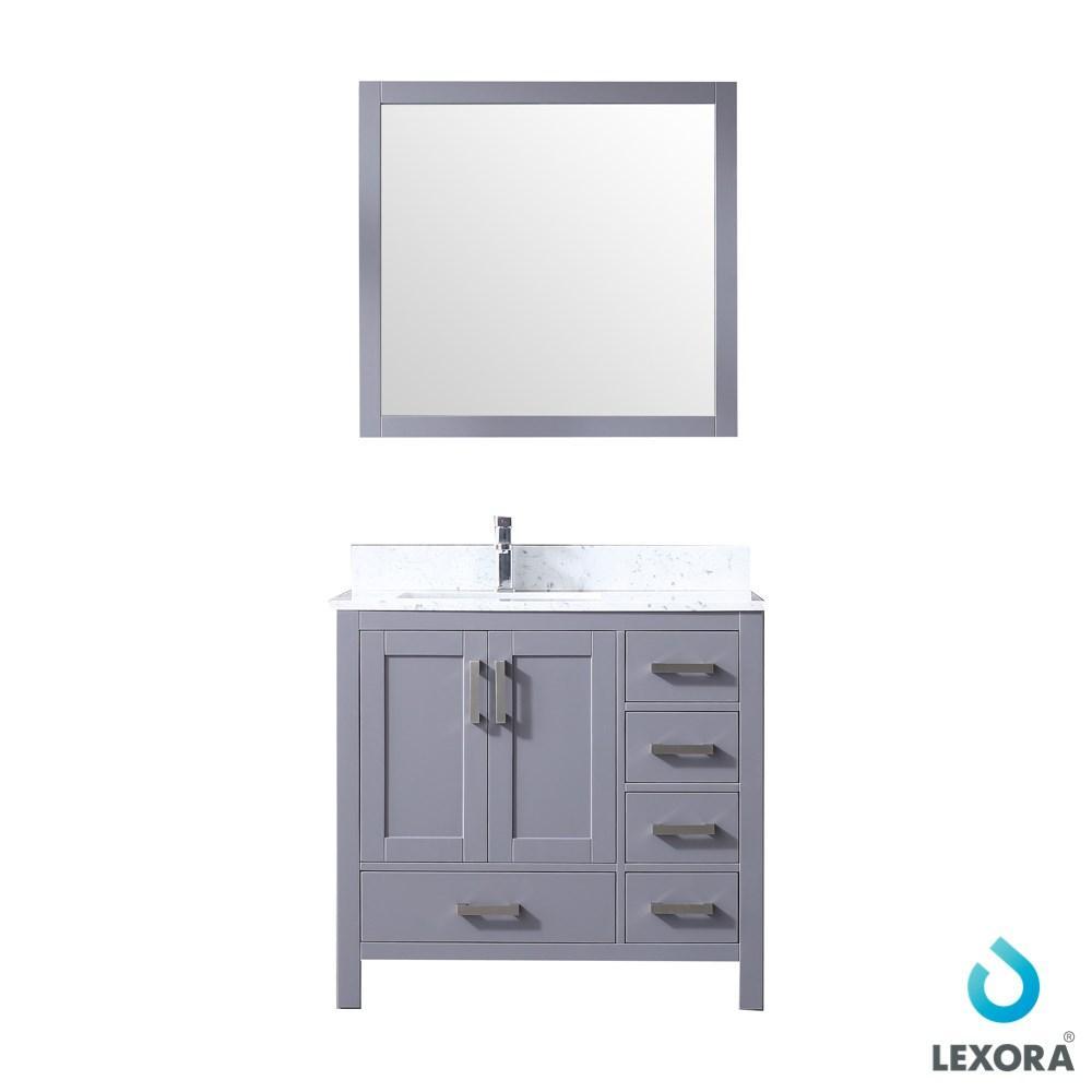 Jacques 36" Dark Grey Single Vanity | White Carrara Marble Top | White Square Sink and 34" Mirror - Left Version