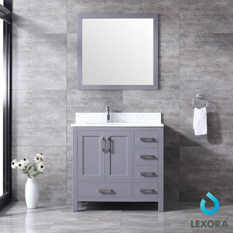 Image of Jacques 36" Dark Grey Single Vanity | White Carrara Marble Top | White Square Sink and 34" Mirror - Left Version