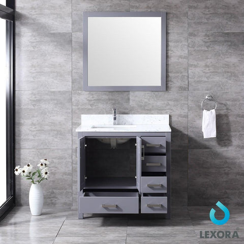 Jacques 36" Dark Grey Single Vanity | White Carrara Marble Top | White Square Sink and 34" Mirror - Left Version