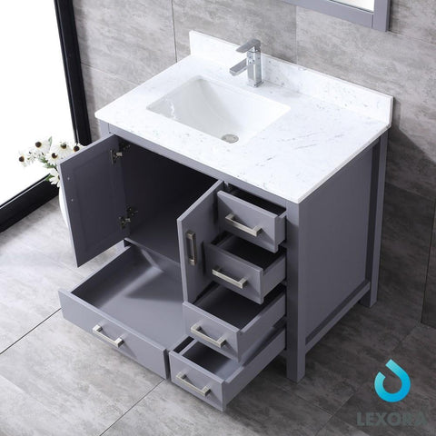 Image of Jacques 36" Dark Grey Single Vanity | White Carrara Marble Top | White Square Sink and 34" Mirror - Left Version