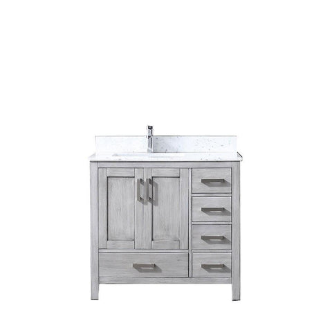 Jacques 36" Distressed Grey Single Vanity | White Carrara Marble Top | White Square Sink and no Mirror - Left Version