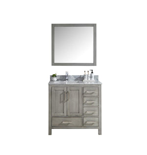Jacques 36" Distressed Grey Single Vanity | White Carrara Marble Top | White Square Sink and no Mirror - Right Version