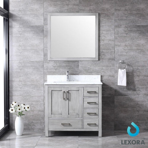 Jacques 36" Distressed Grey Single Vanity | White Carrara Marble Top | White Square Sink and 34" Mirror - Left Version