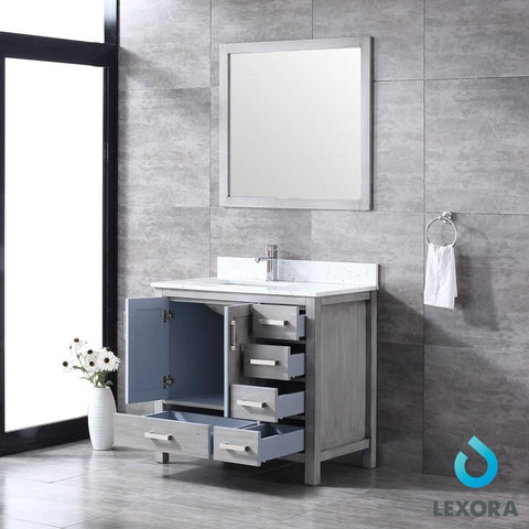 Image of Jacques 36" Distressed Grey Single Vanity | White Carrara Marble Top | White Square Sink and 34" Mirror - Left Version