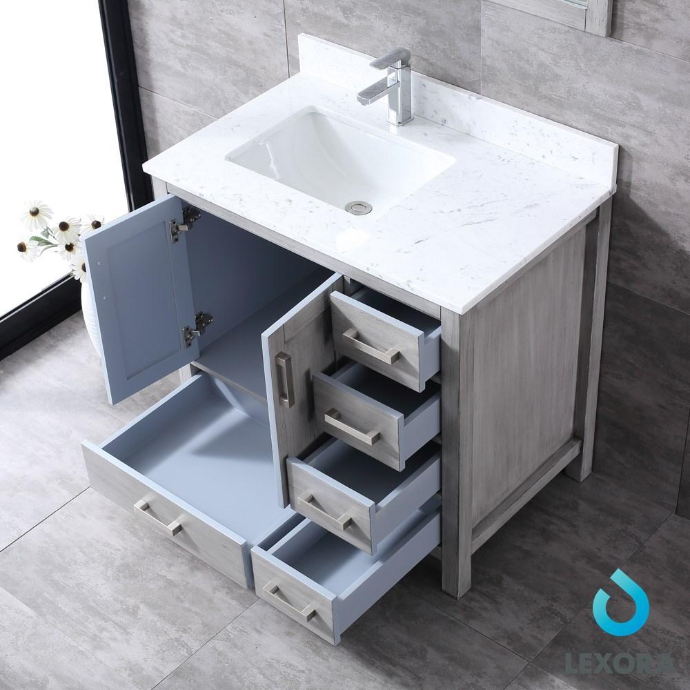 Jacques 36" Distressed Grey Single Vanity | White Carrara Marble Top | White Square Sink and 34" Mirror - Left Version