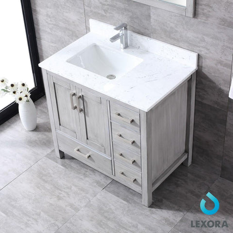 Image of Jacques 36" Distressed Grey Single Vanity | White Carrara Marble Top | White Square Sink and 34" Mirror - Left Version