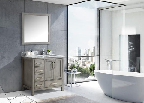 Image of Jacques 36" Distressed Grey Single Vanity | White Carrara Marble Top | White Square Sink and 34" Mirror - Right Version