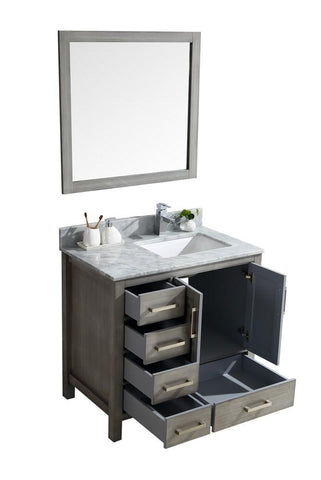 Image of Jacques 36" Distressed Grey Single Vanity | White Carrara Marble Top | White Square Sink and 34" Mirror - Right Version