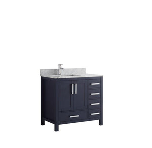 Jacques 36" Navy Blue Single Vanity | White Carrara Marble Top | White Square Sink and no Mirror - Left Version