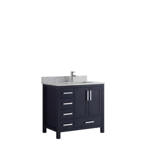 Jacques 36" Navy Blue Single Vanity | White Carrara Marble Top | White Square Sink and no Mirror - Right Version