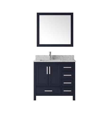 Image of Jacques 36" Navy Blue Single Vanity | White Carrara Marble Top | White Square Sink and 34" Mirror - Left Version
