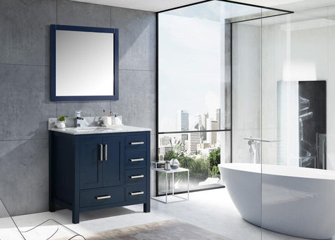 Jacques 36" Navy Blue Single Vanity | White Carrara Marble Top | White Square Sink and 34" Mirror - Left Version