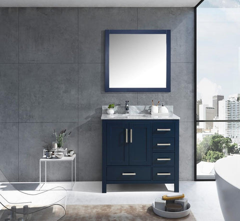 Jacques 36" Navy Blue Single Vanity | White Carrara Marble Top | White Square Sink and 34" Mirror - Left Version