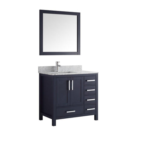 Image of Jacques 36" Navy Blue Single Vanity | White Carrara Marble Top | White Square Sink and 34" Mirror - Left Version