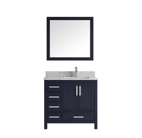 Image of Jacques 36" Navy Blue Single Vanity | White Carrara Marble Top | White Square Sink and 34" Mirror - Right Version