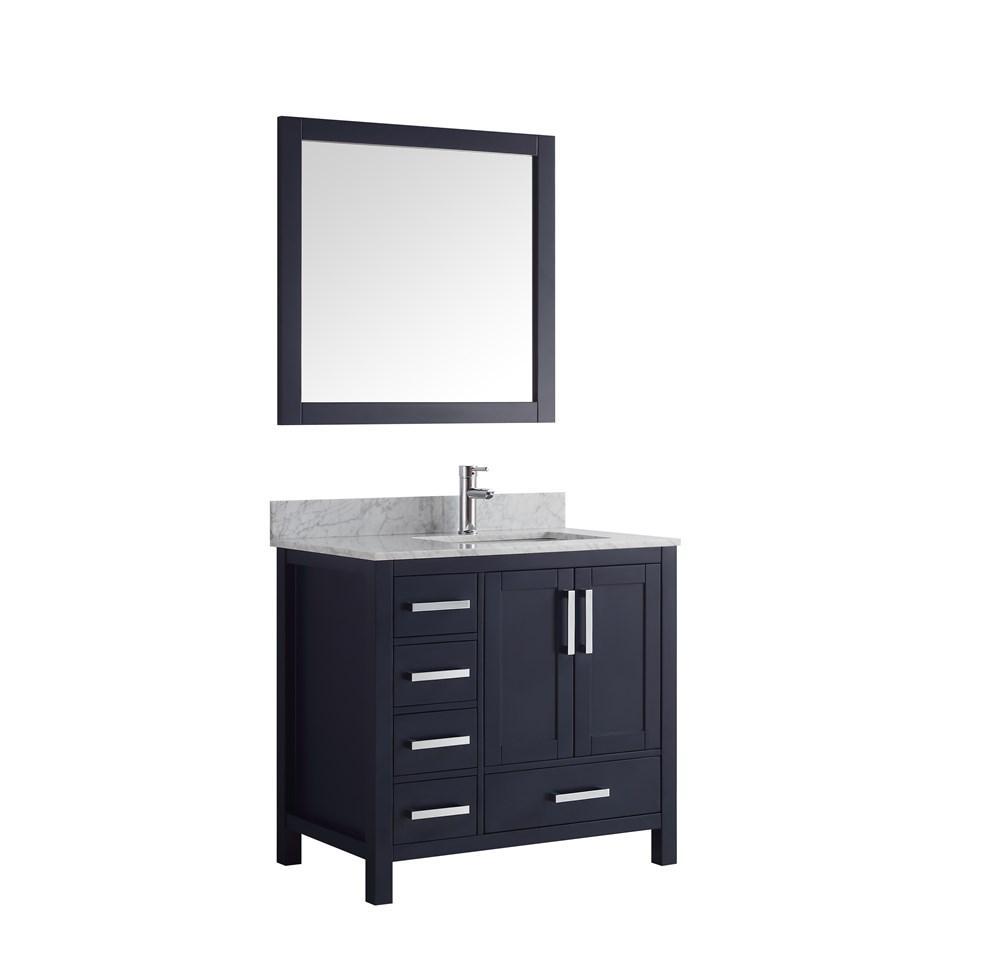 Jacques 36" Navy Blue Single Vanity | White Carrara Marble Top | White Square Sink and 34" Mirror - Right Version