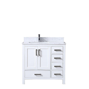 Jacques 36" White Single Vanity | White Carrara Marble Top | White Square Sink and no Mirror - Left Version