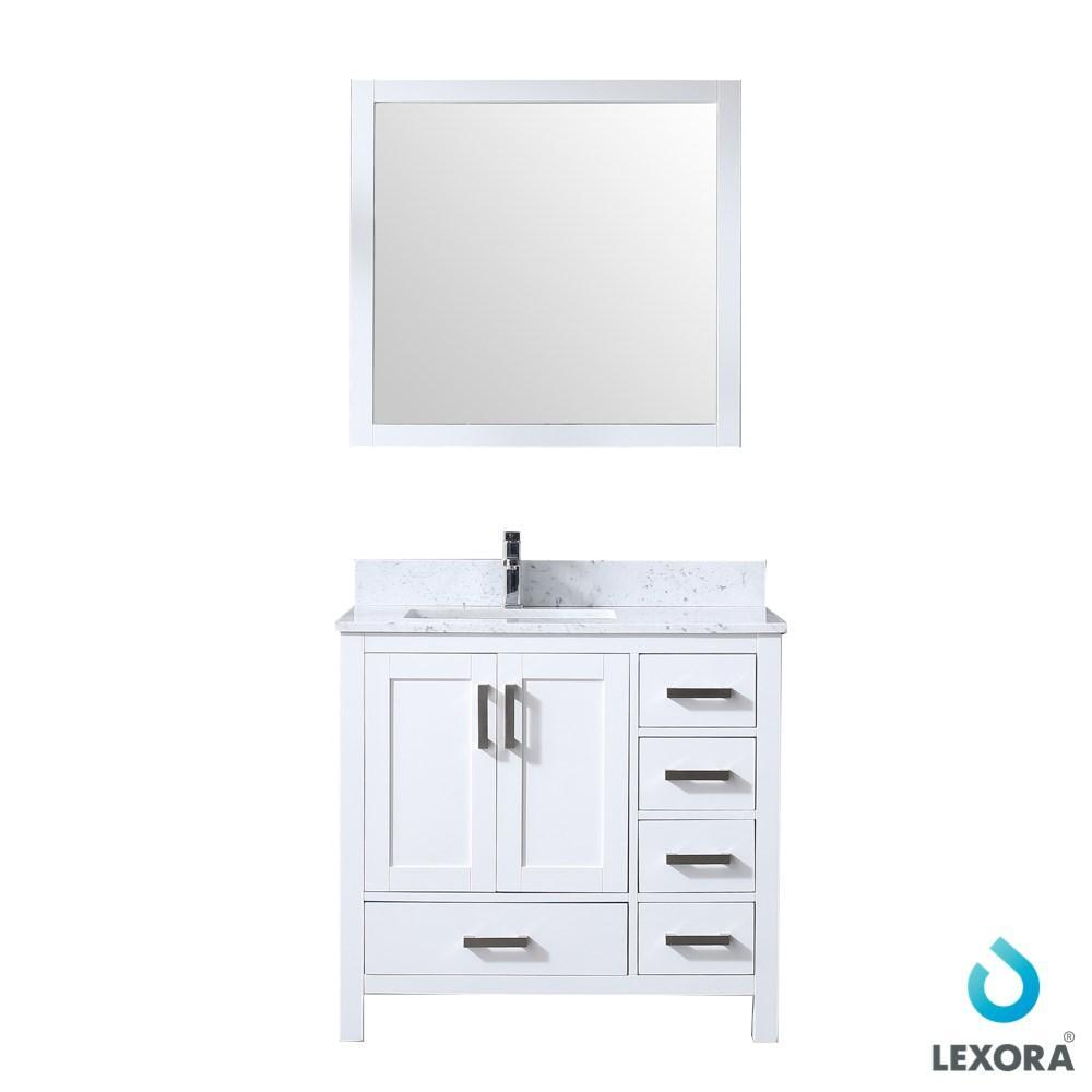 Jacques 36" White Single Vanity | White Carrara Marble Top | White Square Sink and 34" Mirror - Left Version