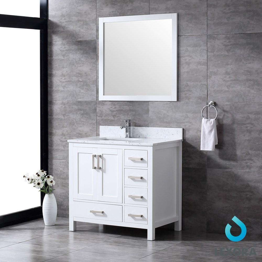 Jacques 36" White Single Vanity | White Carrara Marble Top | White Square Sink and 34" Mirror - Left Version