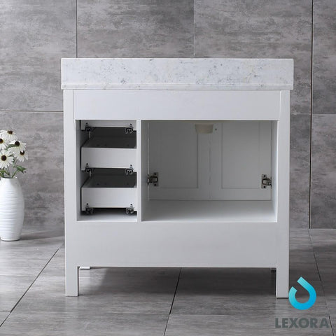 Image of Jacques 36" White Single Vanity | White Carrara Marble Top | White Square Sink and 34" Mirror - Left Version