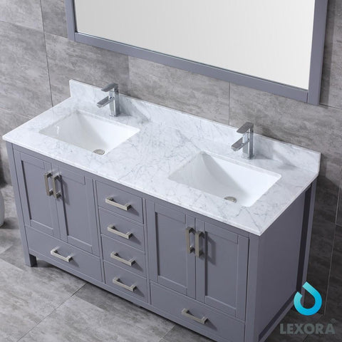 Image of Jacques 60" Dark Grey Double Vanity | White Carrara Marble Top | White Square Sinks and 58" Mirror