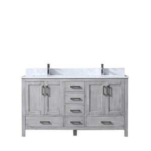 Jacques 60" Distressed Grey Double Vanity | White Carrara Marble Top | White Square Sinks and no Mirror