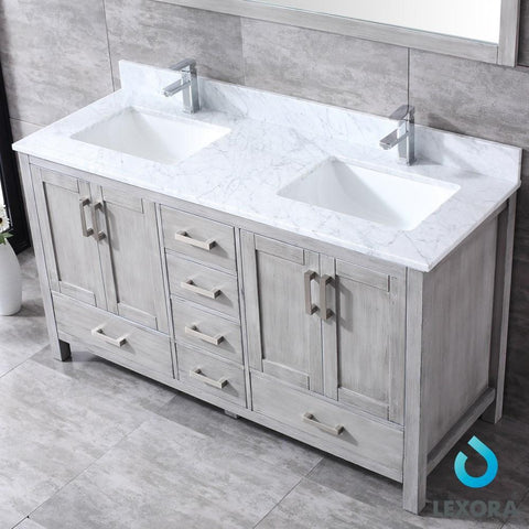 Image of Jacques 60" Distressed Grey Double Vanity | White Carrara Marble Top | White Square Sinks and 58" Mirror