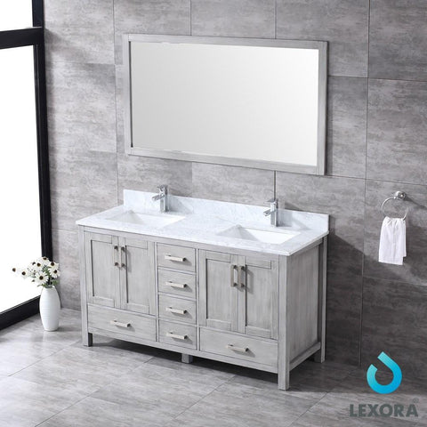 Image of Jacques 60" Distressed Grey Double Vanity | White Carrara Marble Top | White Square Sinks and 58" Mirror