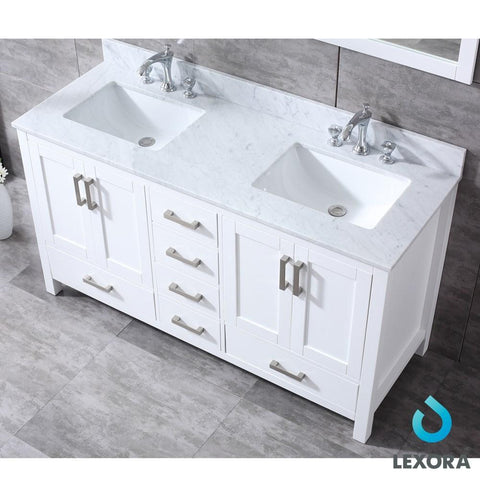 Jacques 60" White Double Vanity | White Carrara Marble Top | White Square Sinks and 58" Mirror