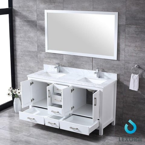Jacques 60" White Double Vanity | White Carrara Marble Top | White Square Sinks and 58" Mirror