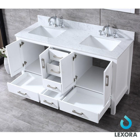 Image of Jacques 60" White Double Vanity | White Carrara Marble Top | White Square Sinks and 58" Mirror