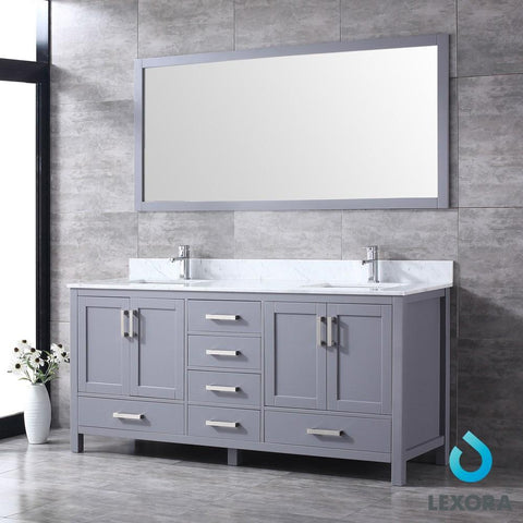 Jacques 72" Dark Grey Double Vanity | White Carrara Marble Top | White Square Sinks and 70" Mirror