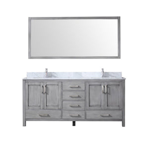 Jacques 72" Distressed Grey Double Vanity | White Carrara Marble Top | White Square Sinks and 70" Mirror