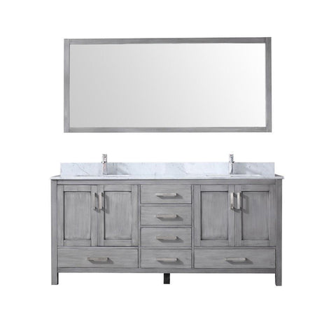 Image of Jacques 72" Distressed Grey Double Vanity | White Carrara Marble Top | White Square Sinks and 70" Mirror