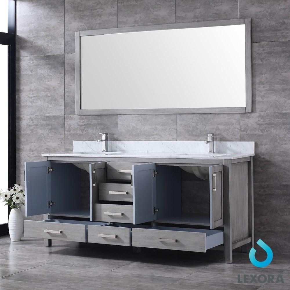 Jacques 72" Distressed Grey Double Vanity | White Carrara Marble Top | White Square Sinks and 70" Mirror