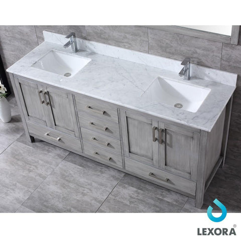 Image of Jacques 72" Distressed Grey Double Vanity | White Carrara Marble Top | White Square Sinks and 70" Mirror