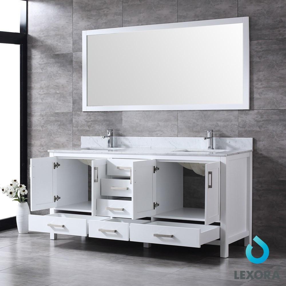 Jacques 72" White Double Vanity | White Carrara Marble Top | White Square Sinks and 70" Mirror