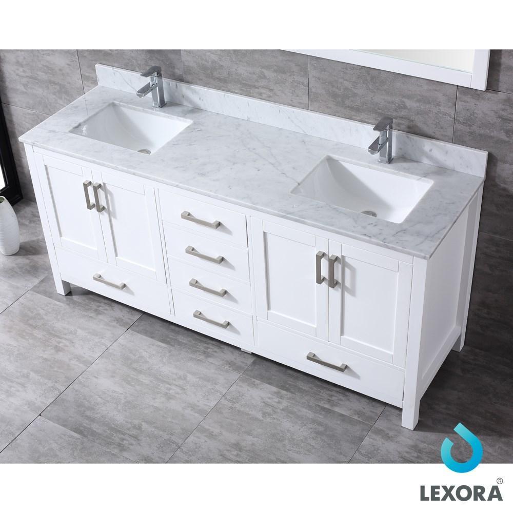 Jacques 72" White Double Vanity | White Carrara Marble Top | White Square Sinks and 70" Mirror