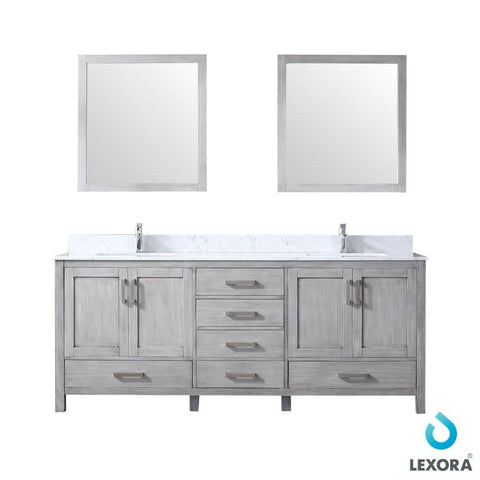 Image of Jacques 80" Distressed Grey Double Vanity | White Carrara Marble Top | White Square Sinks and 30" Mirrors