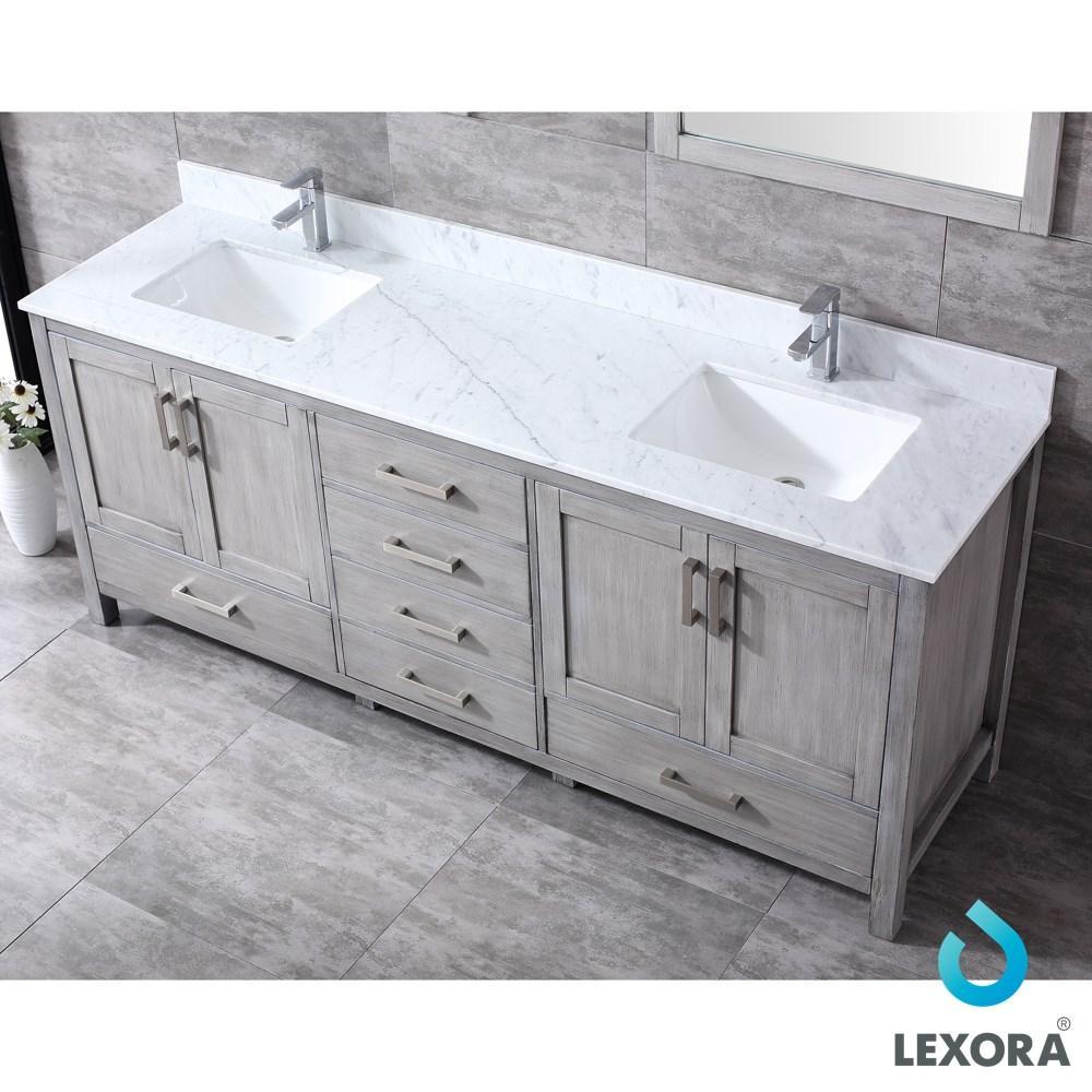 Jacques 80" Distressed Grey Double Vanity | White Carrara Marble Top | White Square Sinks and 30" Mirrors