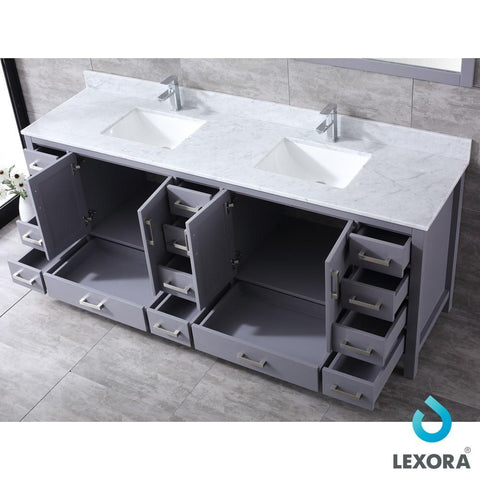 Image of Jacques 84" Dark Grey Double Vanity | White Carrara Marble Top | White Square Sinks and 34" Mirrors